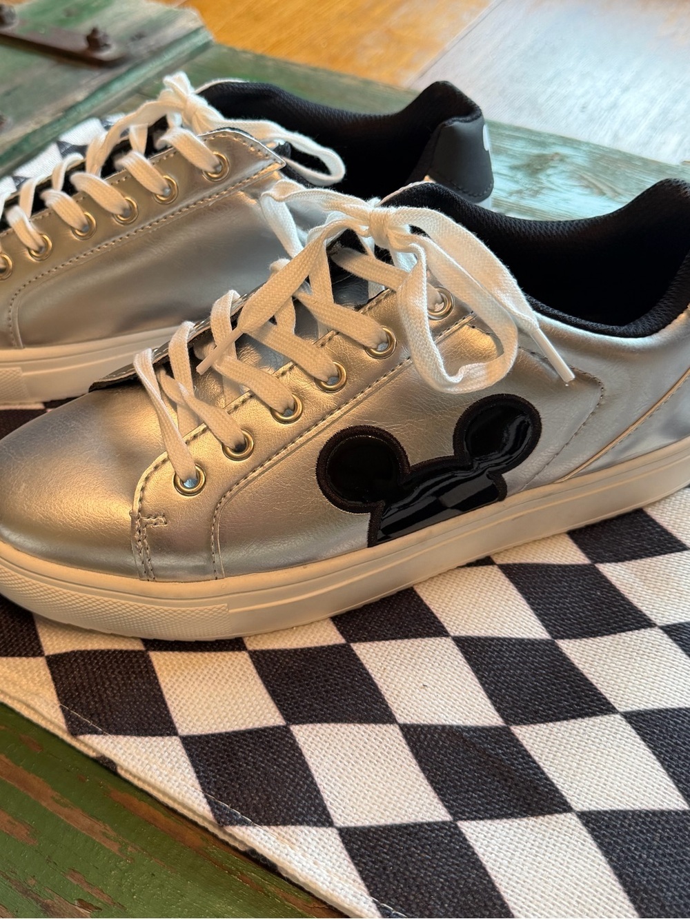 Disney Silver Metallic Low Top Sneakers with Black Mickey Patch